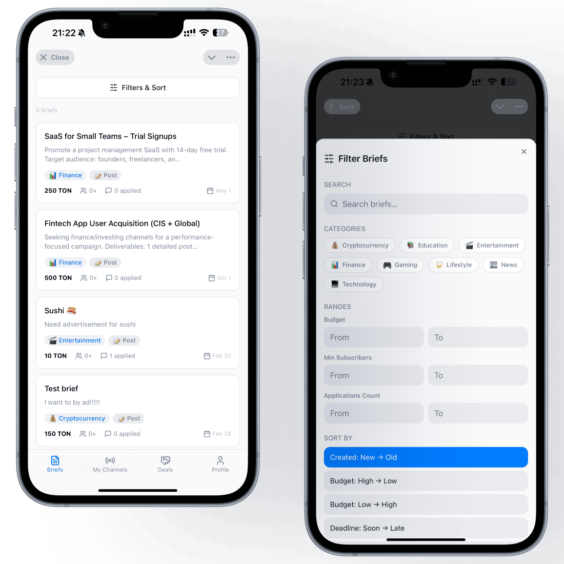 Ad Marketplace brief feed with filter panel for categories, budget, and sorting.