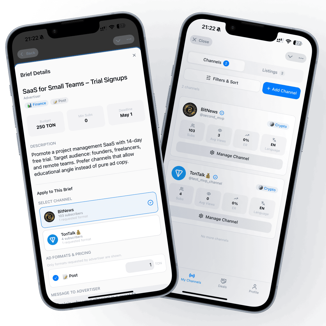Brief application flow and publisher channel selection in the Ad Marketplace mini app.