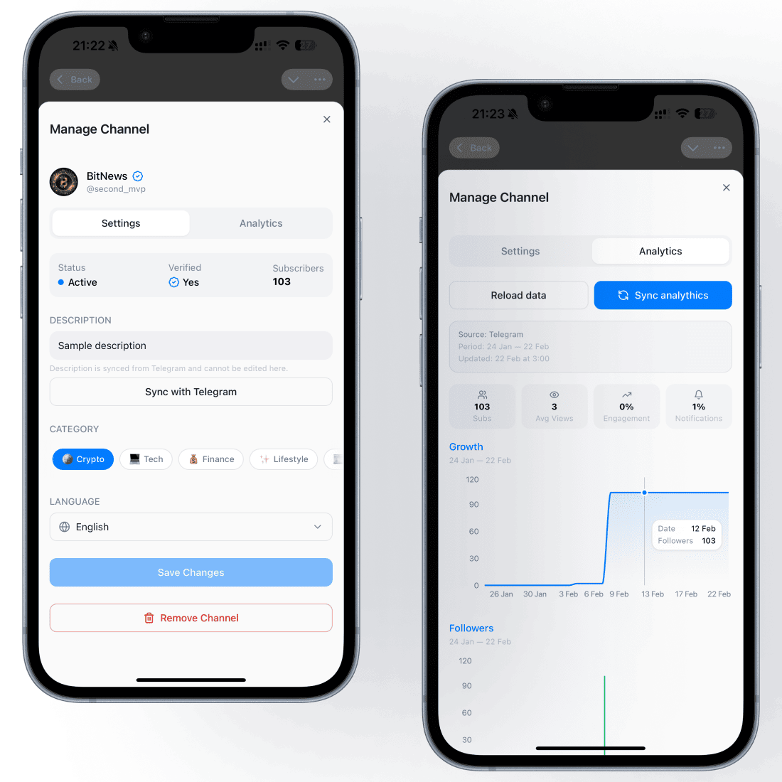 Channel management settings and Telegram analytics sync view in Ad Marketplace.