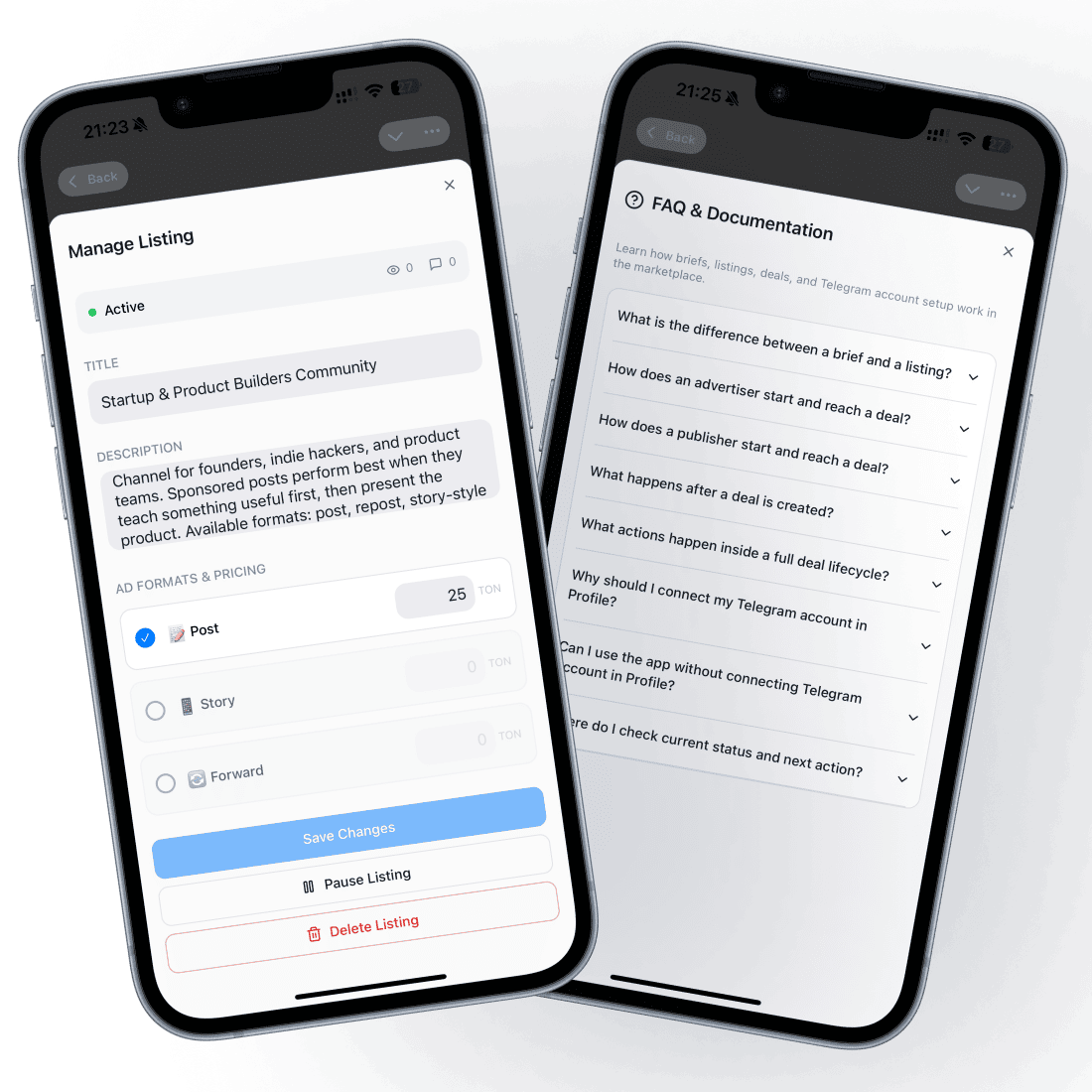 Listing management and FAQ documentation screens inside Ad Marketplace.