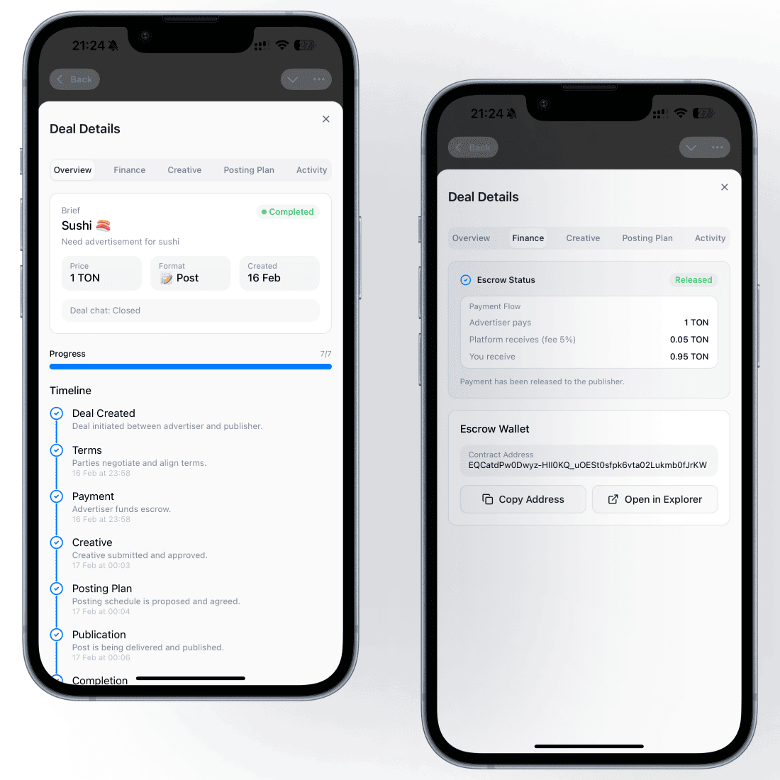 Deal details overview and escrow finance tab showing TON settlement flow.