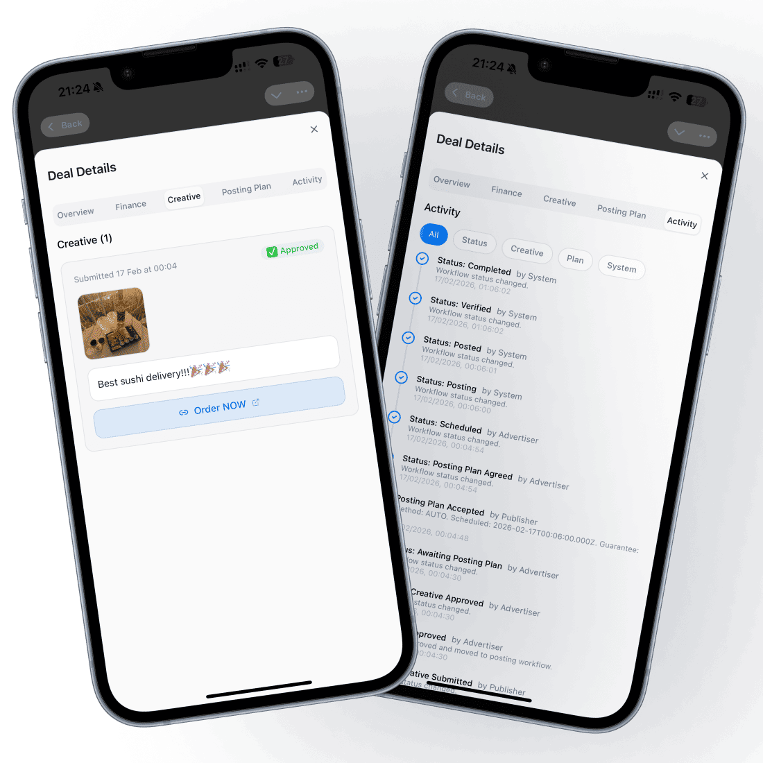 Creative approval card and deal activity timeline tracking status transitions.
